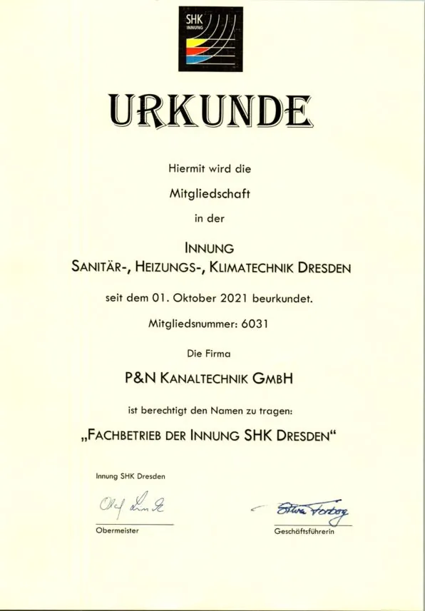 Urkunde: Innung SHK Dresden